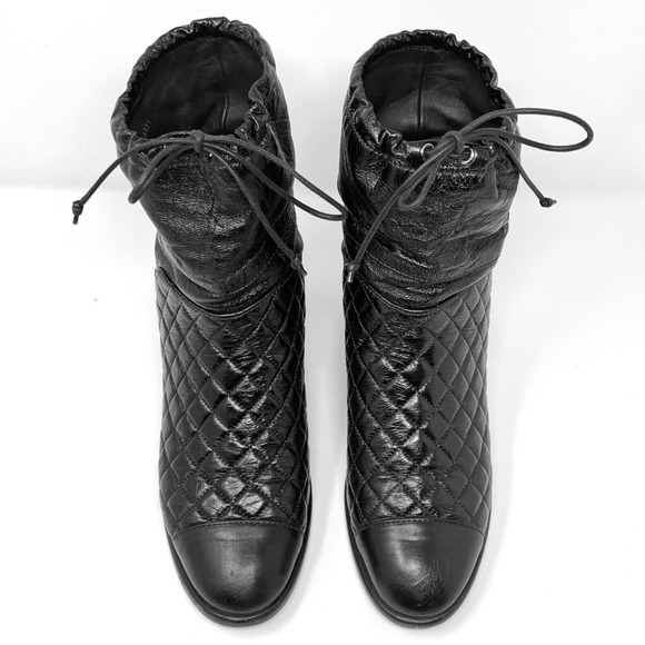 Chanel Black Quilted Patent Leather Drawstring Ankle‎ Boots 40 - Picture 2 of 11